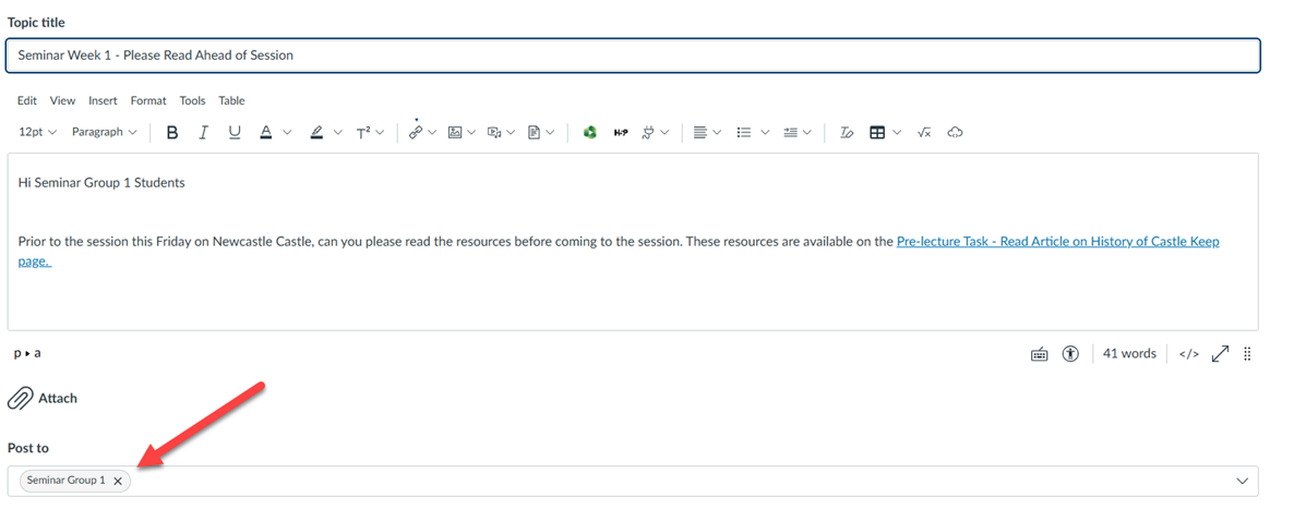Image of Canvas Announcement with Post to settings set to Seminar Group 1
